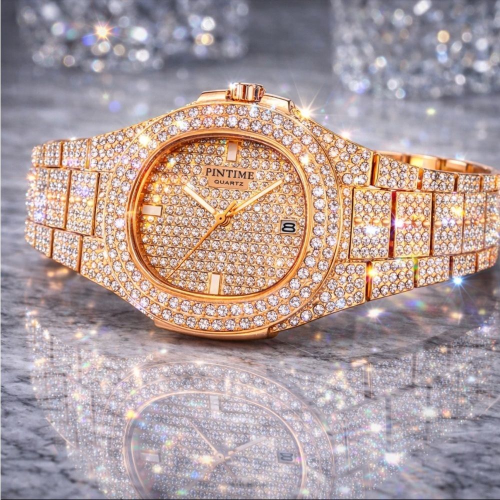 Iced Out Rose Gold Diamond Quartz Watch Bust Down Big Face Unisex Bracelet Lux